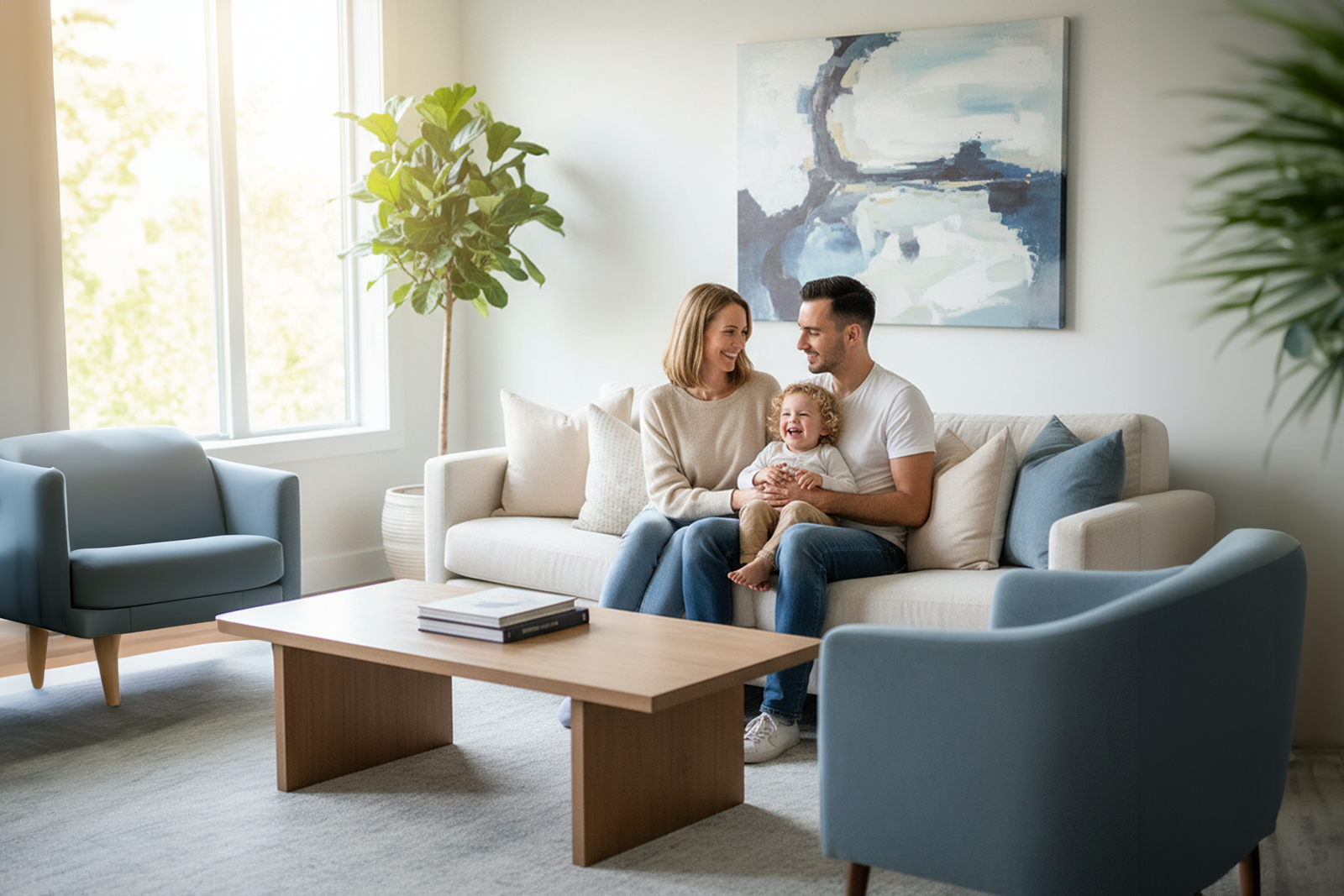 Young family sitting together on a couch in a bright living room, smiling and relaxed.